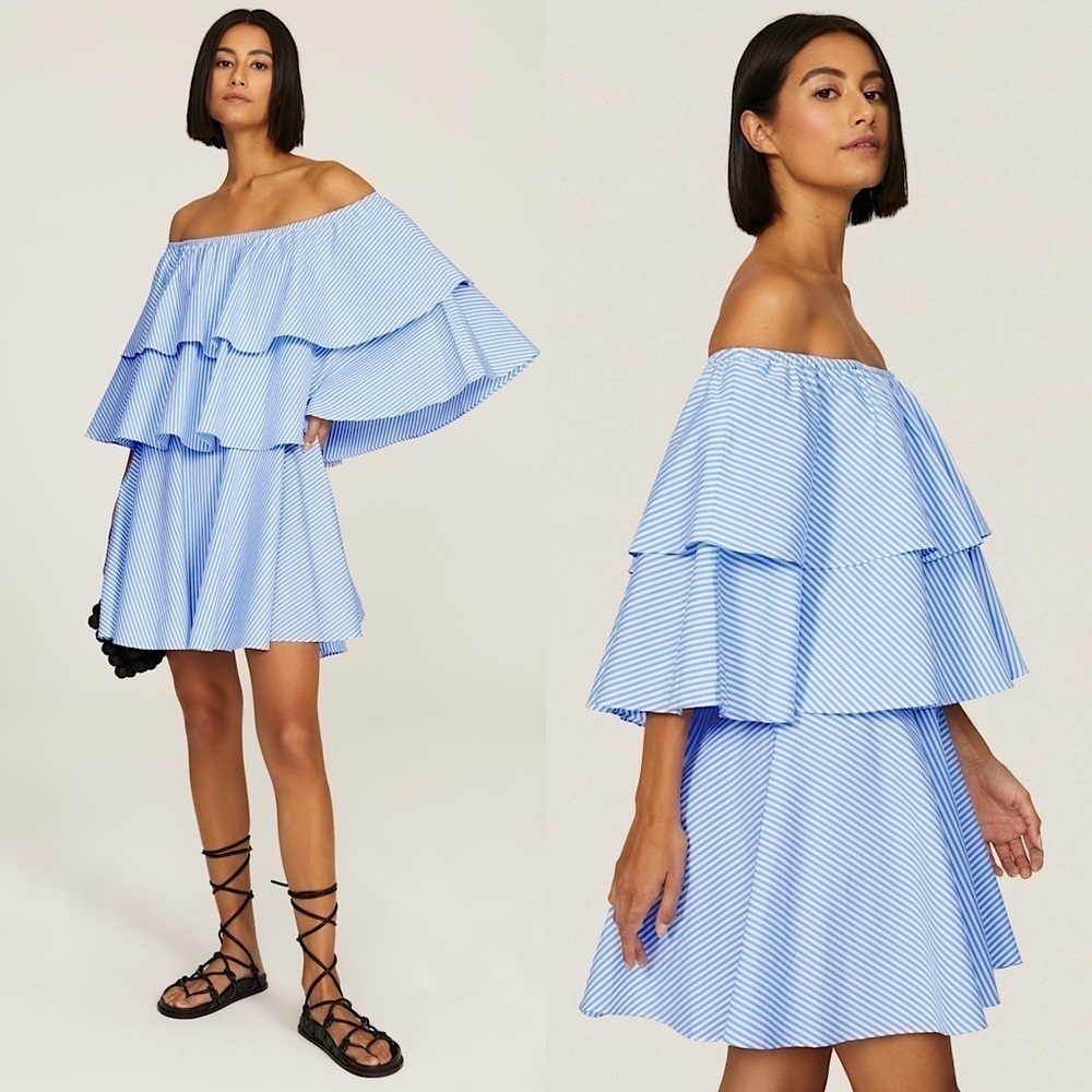 TOME 70s Off The Shoulder Striped Cotton Tiered Ruffle Short Sleeve Mini Dress 0